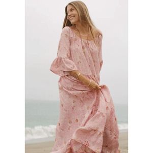 NATALIE MARTIN Mesa 100 % Silk Maxi Dress Pink Red Floral XS Bell Sleeve…